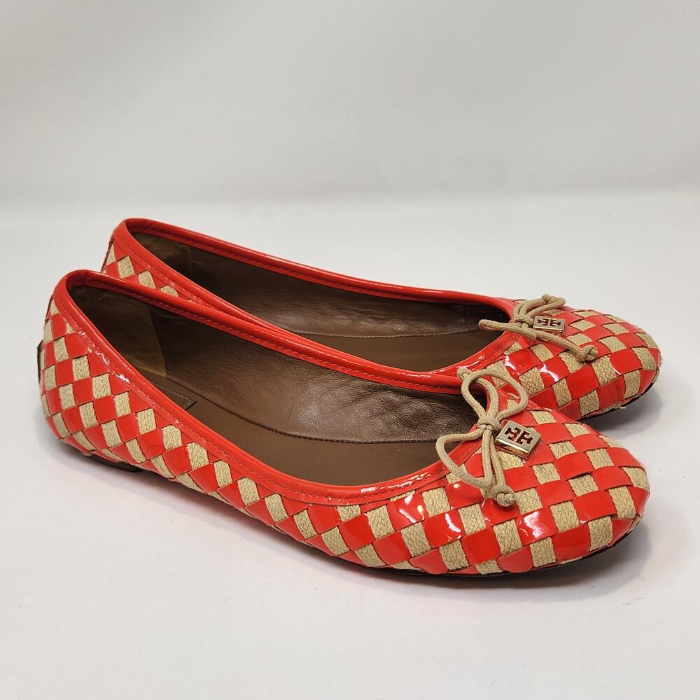 Tory Burch Prescott Ballet Flats Neon Orange Patent Leather Woven Size 8.5 M